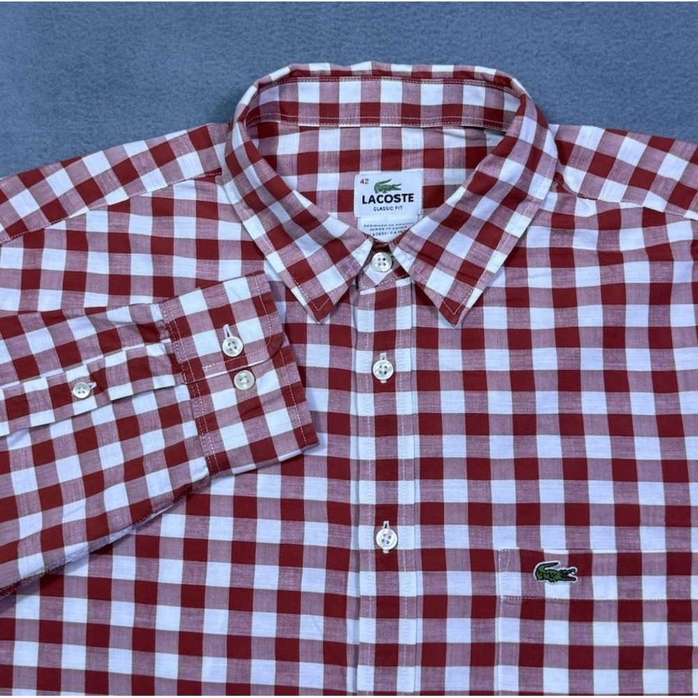 Lacoste Button Shirt Mens 42 XL Classic Fit Red White Gingham Poplin Normcore